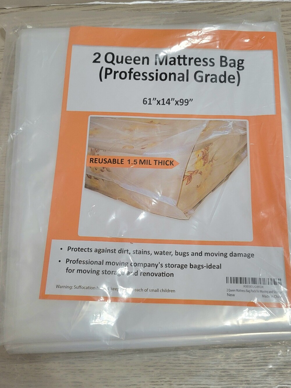 Professional Grade 1.5 mil Thick Queen Size Mattress Bags Moving 61"x14"x99" NEW